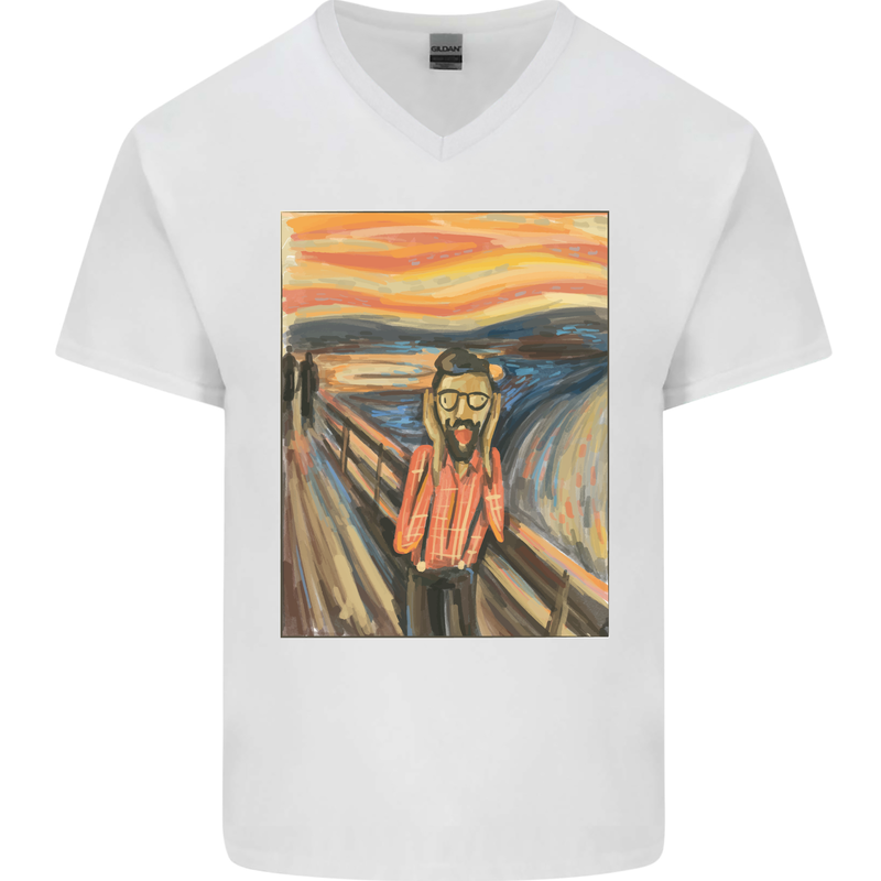 Hipster Scream Painting Mens V-Neck Cotton T-Shirt White