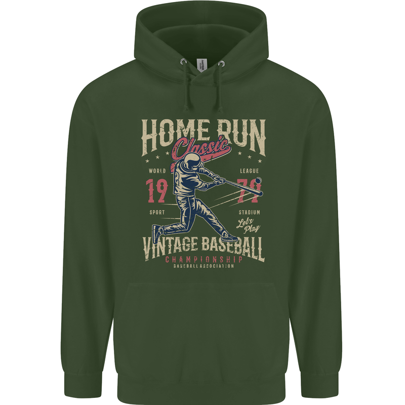 Home Run Vintage Baseball Player Childrens Kids Hoodie Forest Green