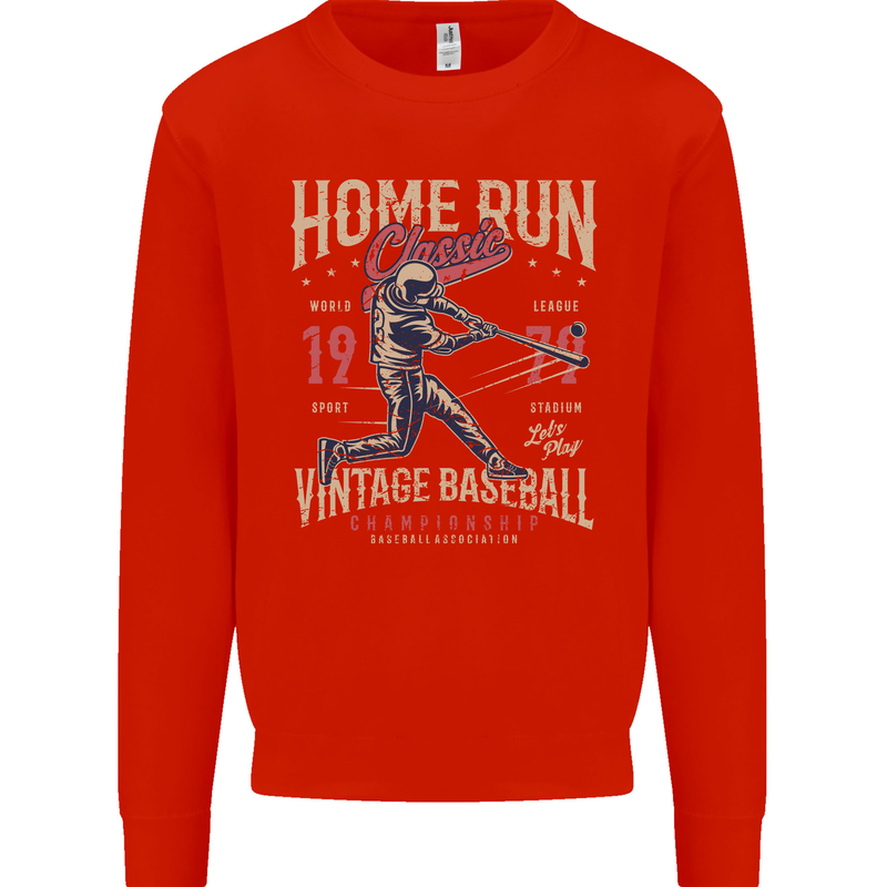 Home Run Vintage Baseball Player Kids Sweatshirt Jumper Bright Red