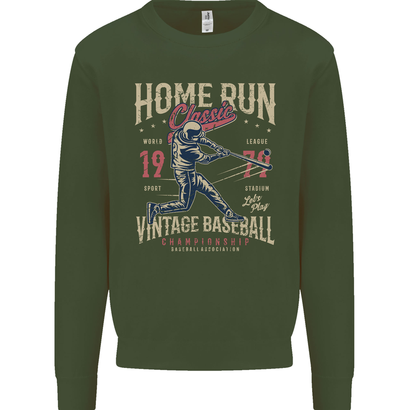 Home Run Vintage Baseball Player Kids Sweatshirt Jumper Forest Green