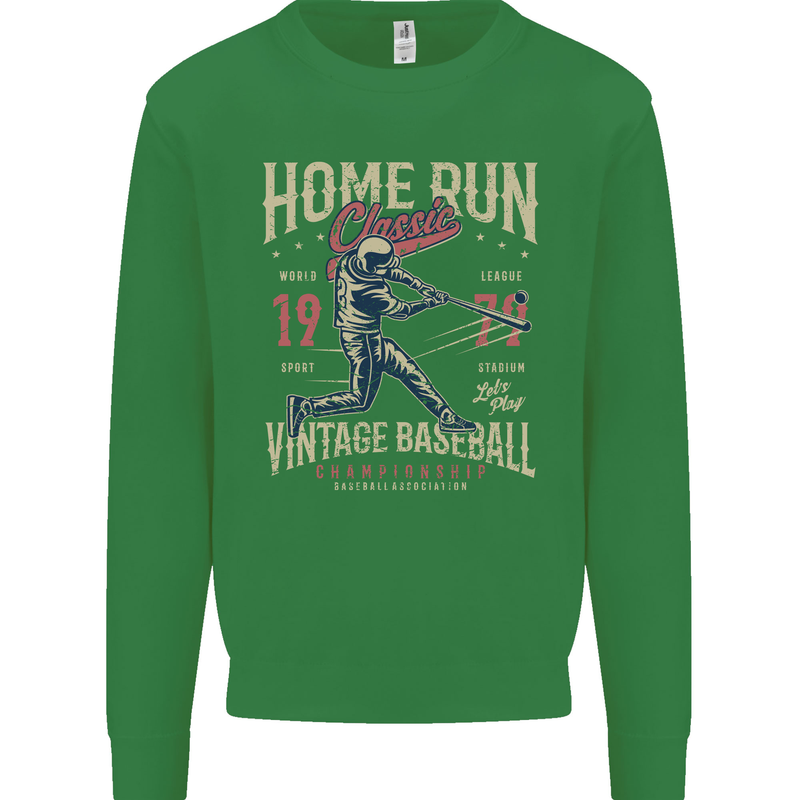 Home Run Vintage Baseball Player Kids Sweatshirt Jumper Irish Green