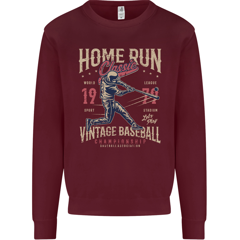 Home Run Vintage Baseball Player Kids Sweatshirt Jumper Maroon
