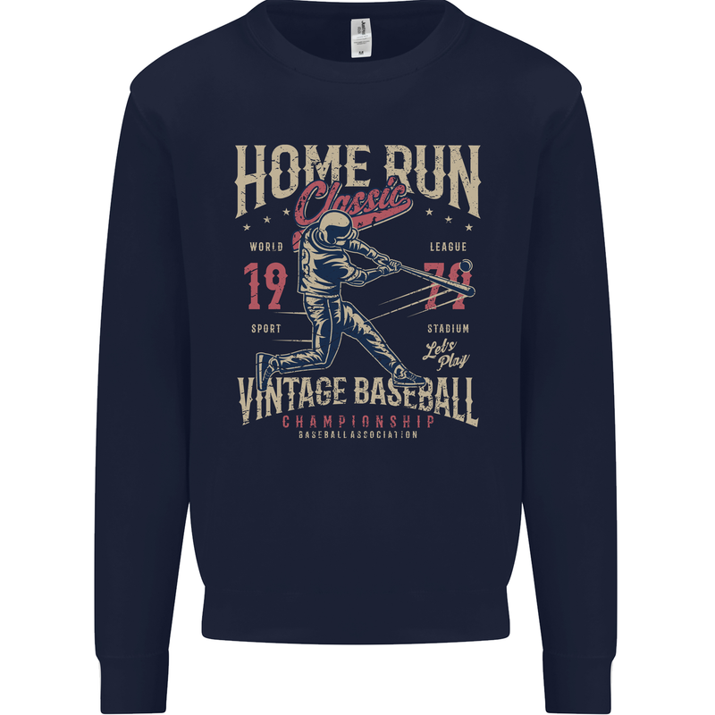 Home Run Vintage Baseball Player Kids Sweatshirt Jumper Navy Blue