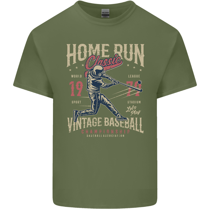 Home Run Vintage Baseball Player Mens Cotton T-Shirt Tee Top Military Green
