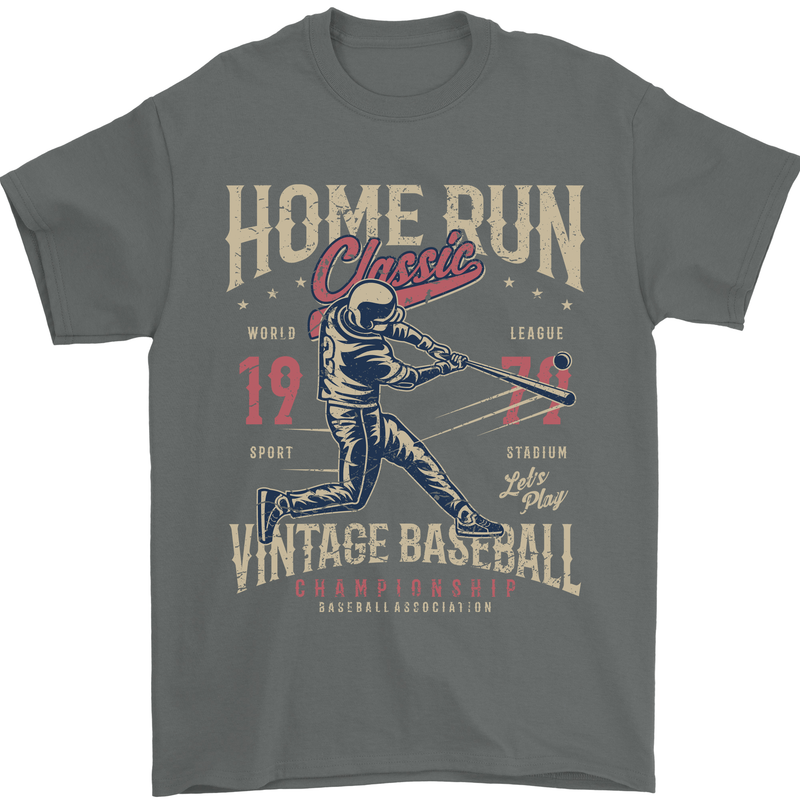 Home Run Vintage Baseball Player Mens T-Shirt 100% Cotton Charcoal