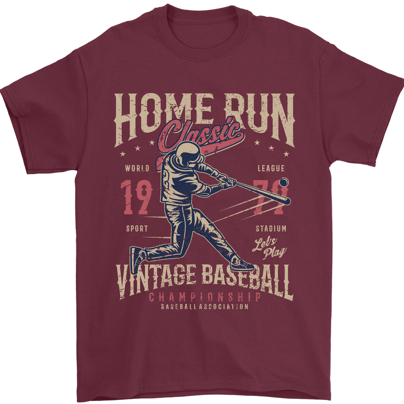 Home Run Vintage Baseball Player Mens T-Shirt 100% Cotton Maroon