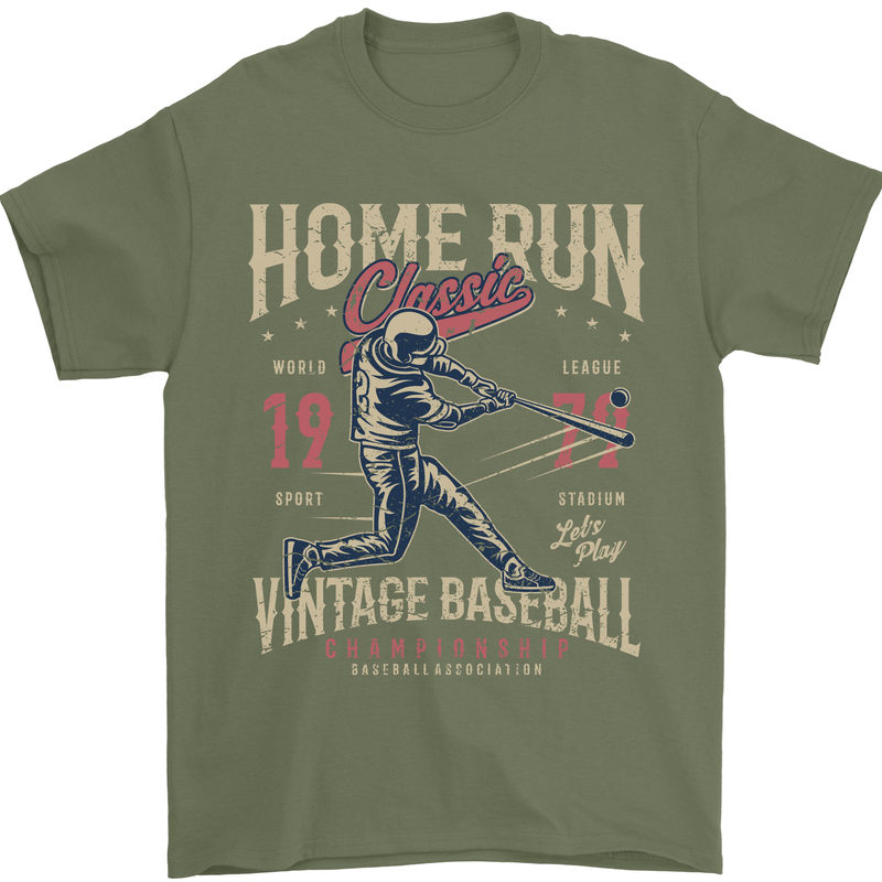 Home Run Vintage Baseball Player Mens T-Shirt 100% Cotton Military Green