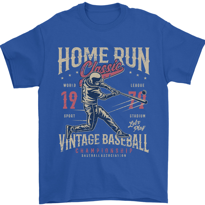 Home Run Vintage Baseball Player Mens T-Shirt 100% Cotton Royal Blue