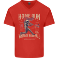 Home Run Vintage Baseball Player Mens V-Neck Cotton T-Shirt Red