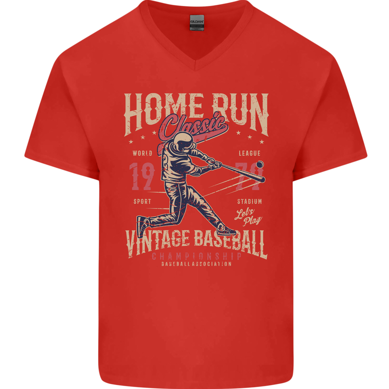 Home Run Vintage Baseball Player Mens V-Neck Cotton T-Shirt Red