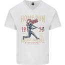 Home Run Vintage Baseball Player Mens V-Neck Cotton T-Shirt White