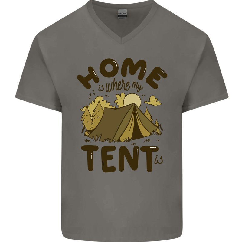 Home is Where My Tent is Funny Camping Mens V-Neck Cotton T-Shirt Charcoal