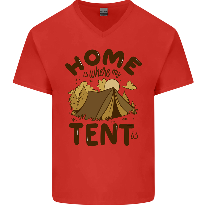 Home is Where My Tent is Funny Camping Mens V-Neck Cotton T-Shirt Red