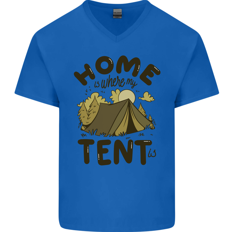 Home is Where My Tent is Funny Camping Mens V-Neck Cotton T-Shirt Royal Blue