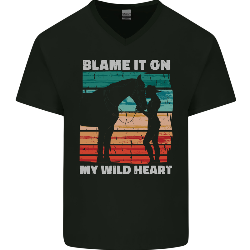 Horse Riding My Wild Heart Equestrian Mens V-Neck Cotton T-Shirt Black