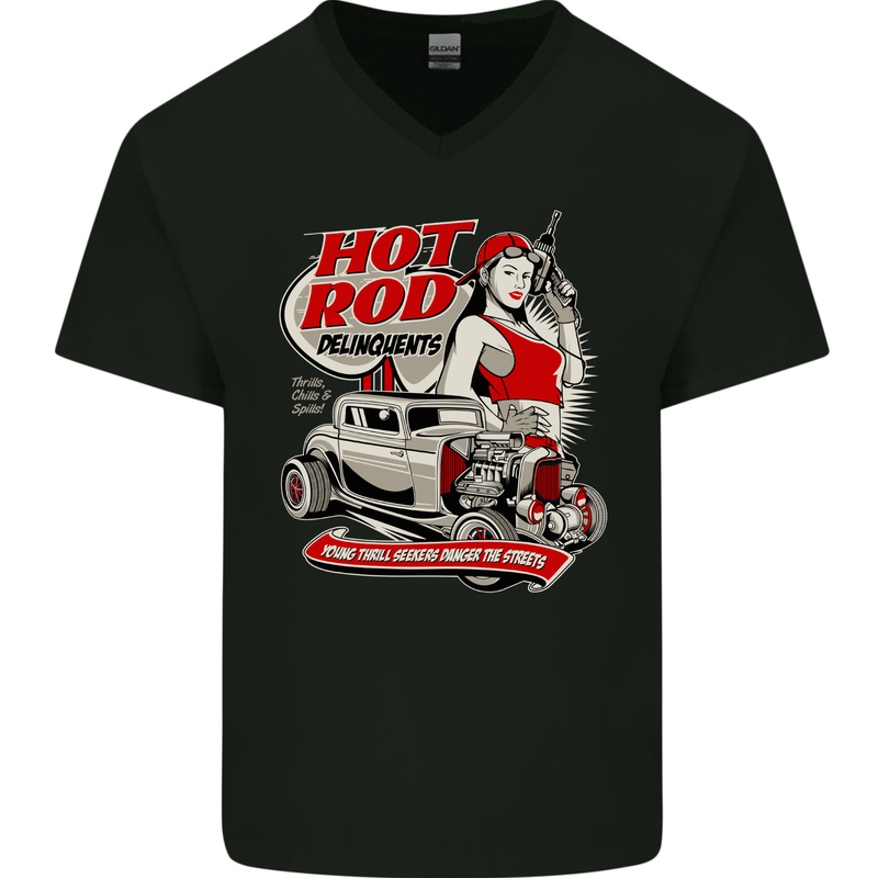 Hot Rod Delinquents Thrills Chills & Spills Mens V-Neck Cotton T-Shirt Black