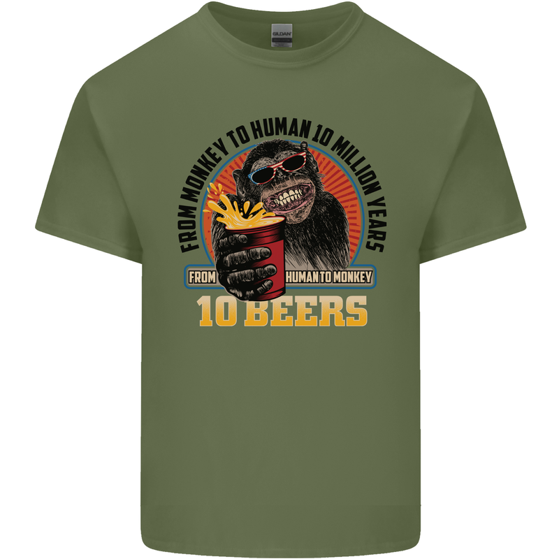 Human to Monkey in Ten Beers Funny Alcohol Mens Cotton T-Shirt Tee Top Military Green