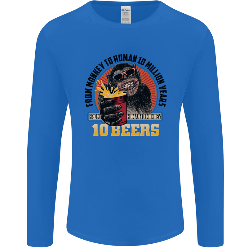 Human to Monkey in Ten Beers Funny Alcohol Mens Long Sleeve T-Shirt Royal Blue