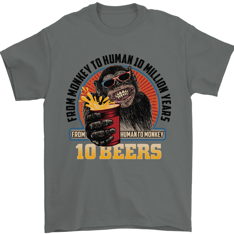 Human to Monkey in Ten Beers Funny Alcohol Mens T-Shirt 100% Cotton Charcoal