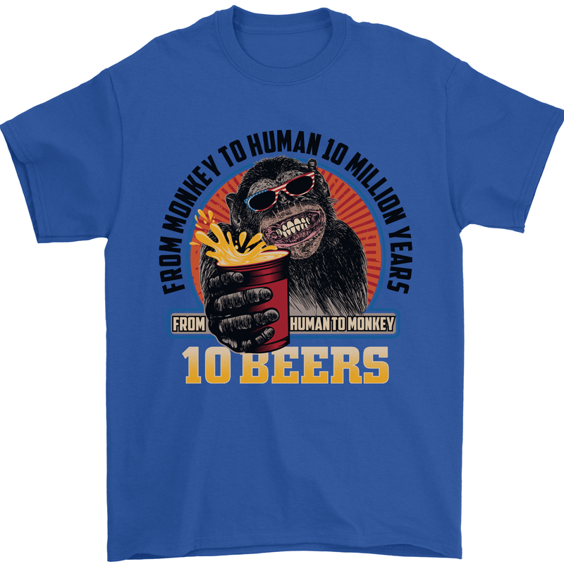 Human to Monkey in Ten Beers Funny Alcohol Mens T-Shirt 100% Cotton Royal Blue