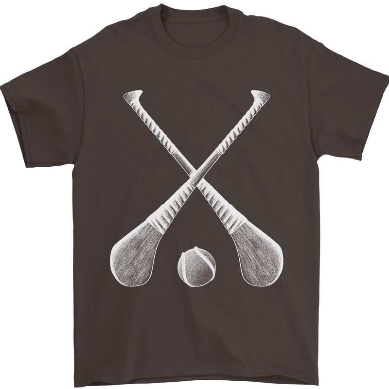 Hurling Bats and Ball Mens T-Shirt 100% Cotton Dark Chocolate