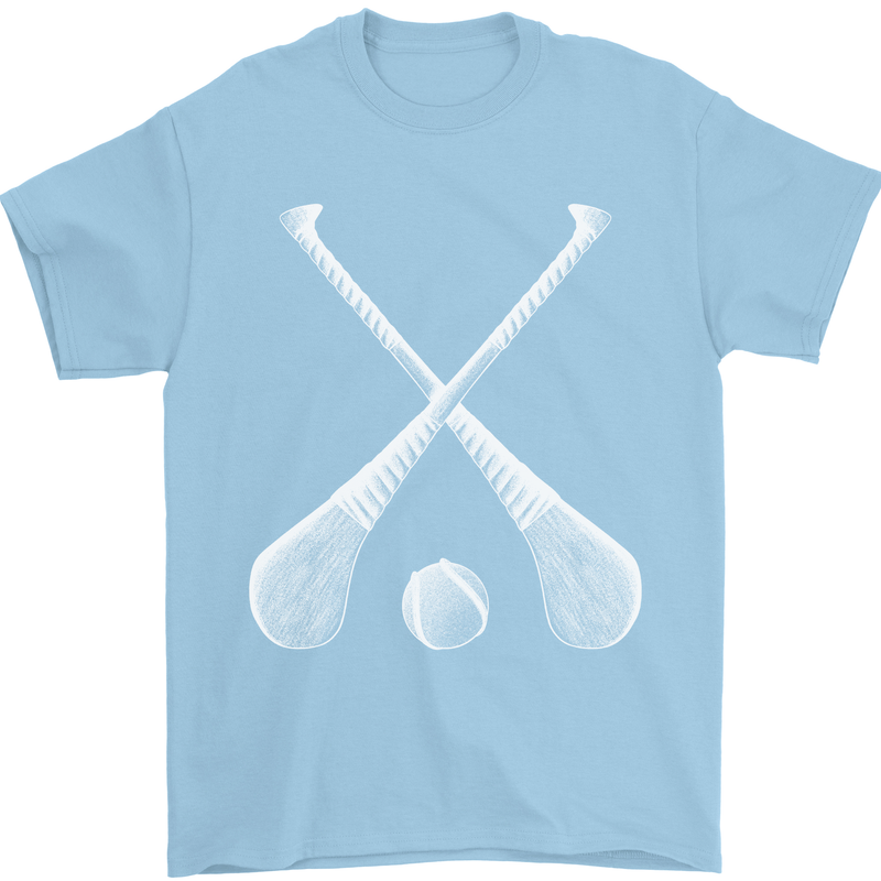 Hurling Bats and Ball Mens T-Shirt 100% Cotton Light Blue