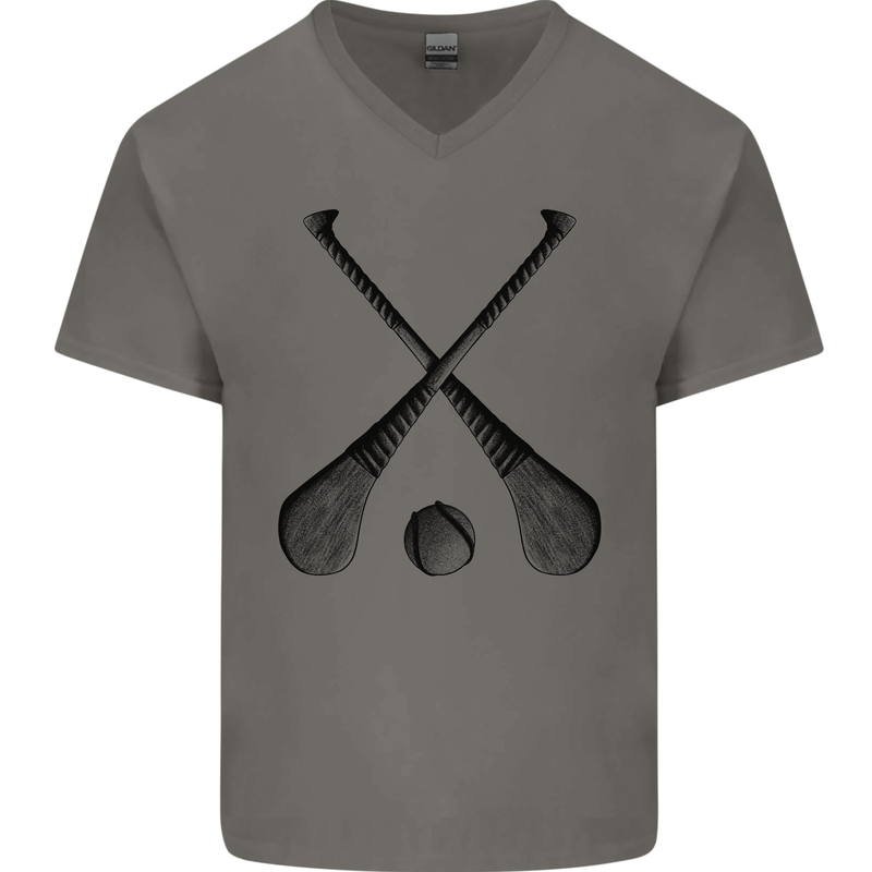 Hurling Bats and Ball Mens V-Neck Cotton T-Shirt Charcoal