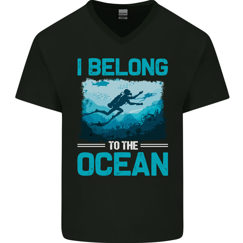 I Belong to the Ocean Scuba Diving Diver Dive Mens V-Neck Cotton T-Shirt Black