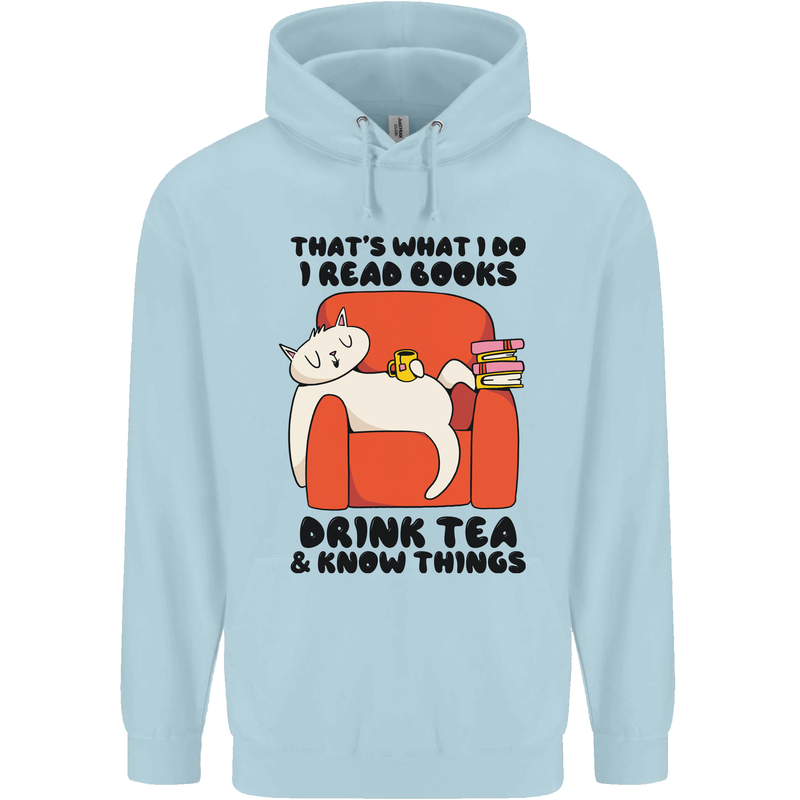 I Drink Tea and Know Things Funny Cat Childrens Kids Hoodie Light Blue