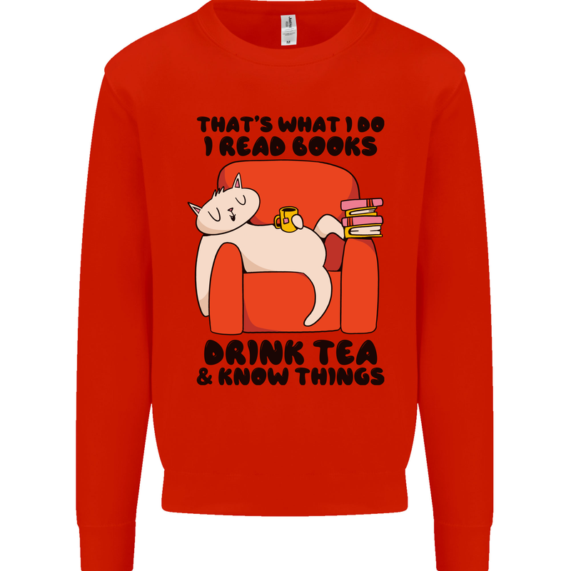 I Drink Tea and Know Things Funny Cat Kids Sweatshirt Jumper Bright Red