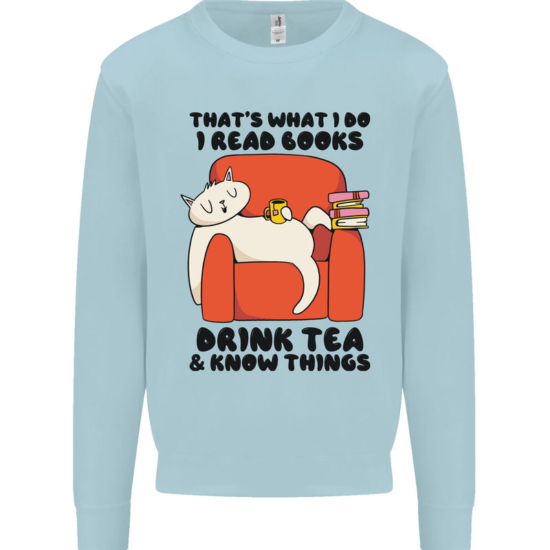 I Drink Tea and Know Things Funny Cat Kids Sweatshirt Jumper Light Blue