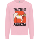 I Drink Tea and Know Things Funny Cat Kids Sweatshirt Jumper Light Pink