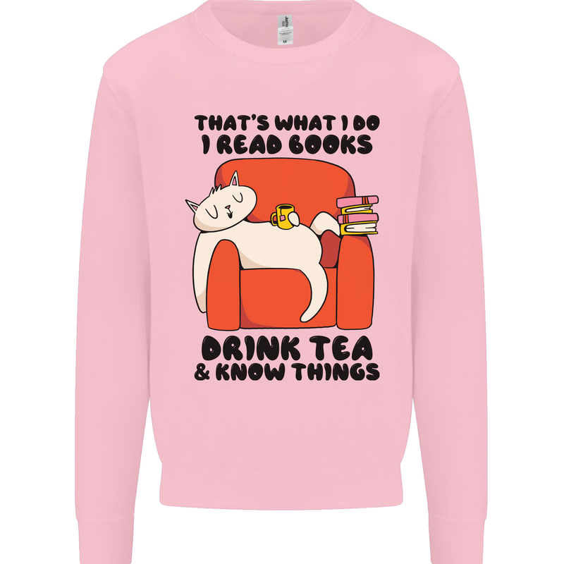 I Drink Tea and Know Things Funny Cat Kids Sweatshirt Jumper Light Pink