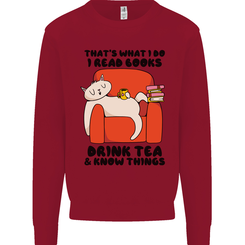 I Drink Tea and Know Things Funny Cat Kids Sweatshirt Jumper Red