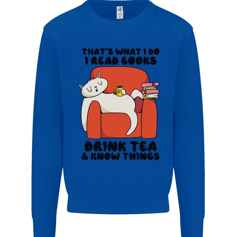 I Drink Tea and Know Things Funny Cat Kids Sweatshirt Jumper Royal Blue