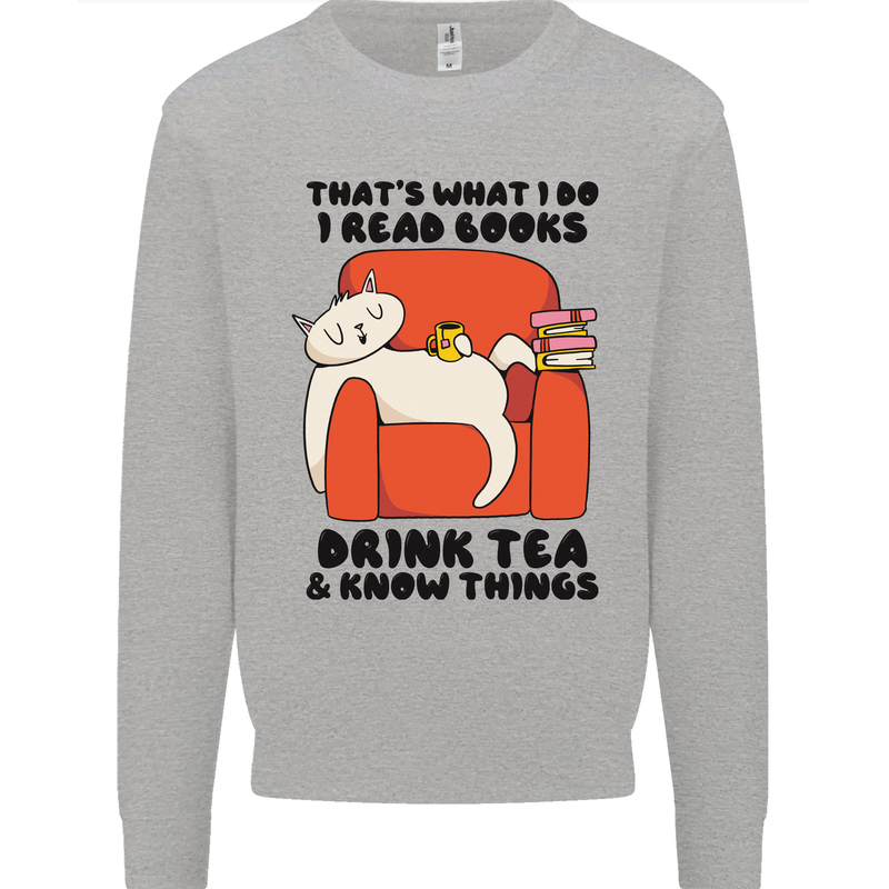 I Drink Tea and Know Things Funny Cat Kids Sweatshirt Jumper Sports Grey