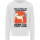 I Drink Tea and Know Things Funny Cat Kids Sweatshirt Jumper White