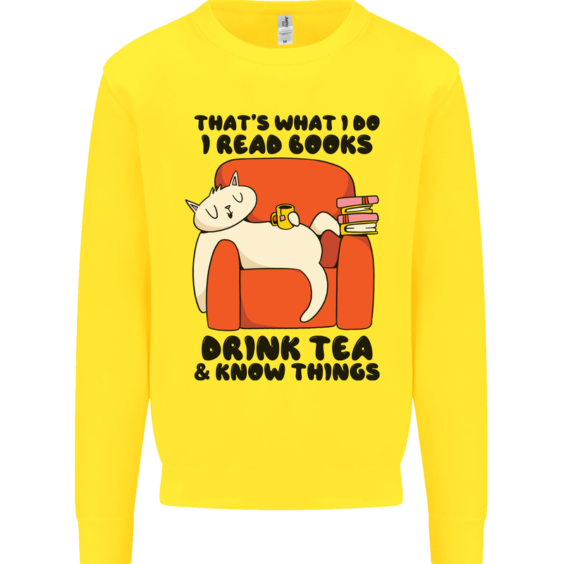 I Drink Tea and Know Things Funny Cat Kids Sweatshirt Jumper Yellow