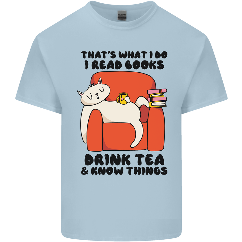 I Drink Tea and Know Things Funny Cat Kids T-Shirt Childrens Light Blue