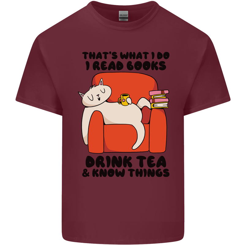 I Drink Tea and Know Things Funny Cat Mens Cotton T-Shirt Tee Top Maroon