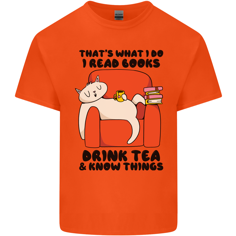 I Drink Tea and Know Things Funny Cat Mens Cotton T-Shirt Tee Top Orange