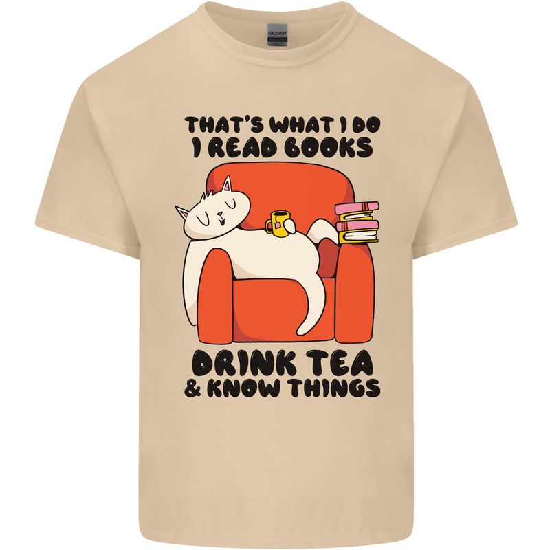 I Drink Tea and Know Things Funny Cat Mens Cotton T-Shirt Tee Top Sand