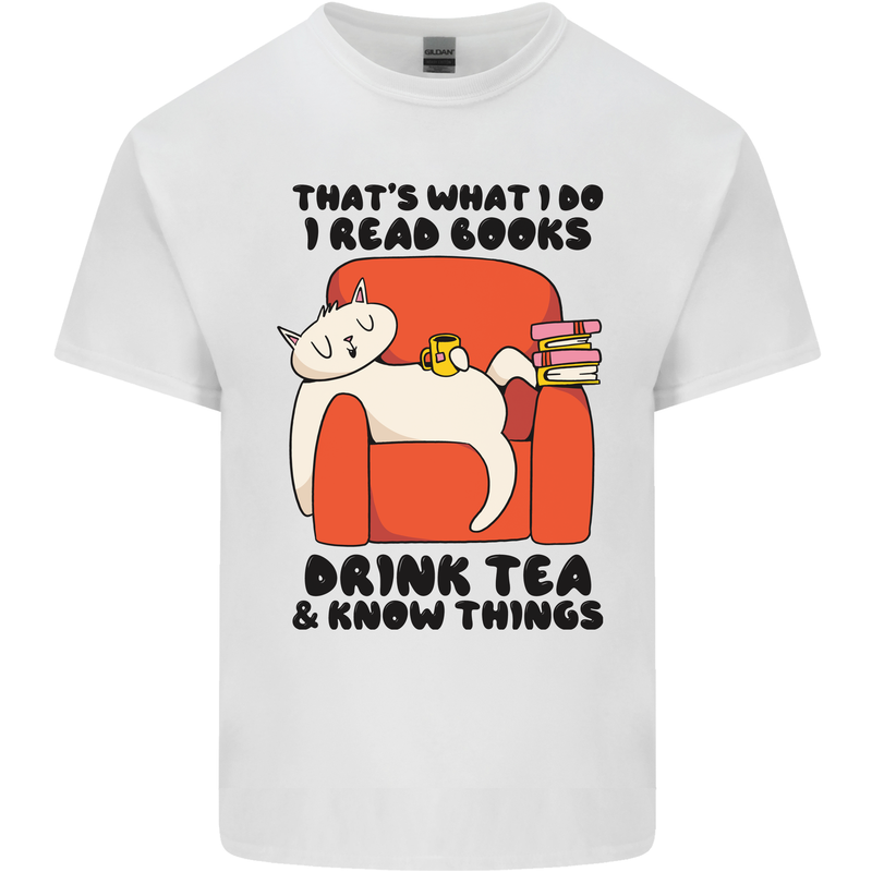 I Drink Tea and Know Things Funny Cat Mens Cotton T-Shirt Tee Top White