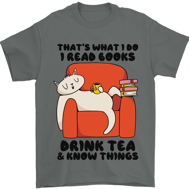 I Drink Tea and Know Things Funny Cat Mens T-Shirt 100% Cotton Charcoal
