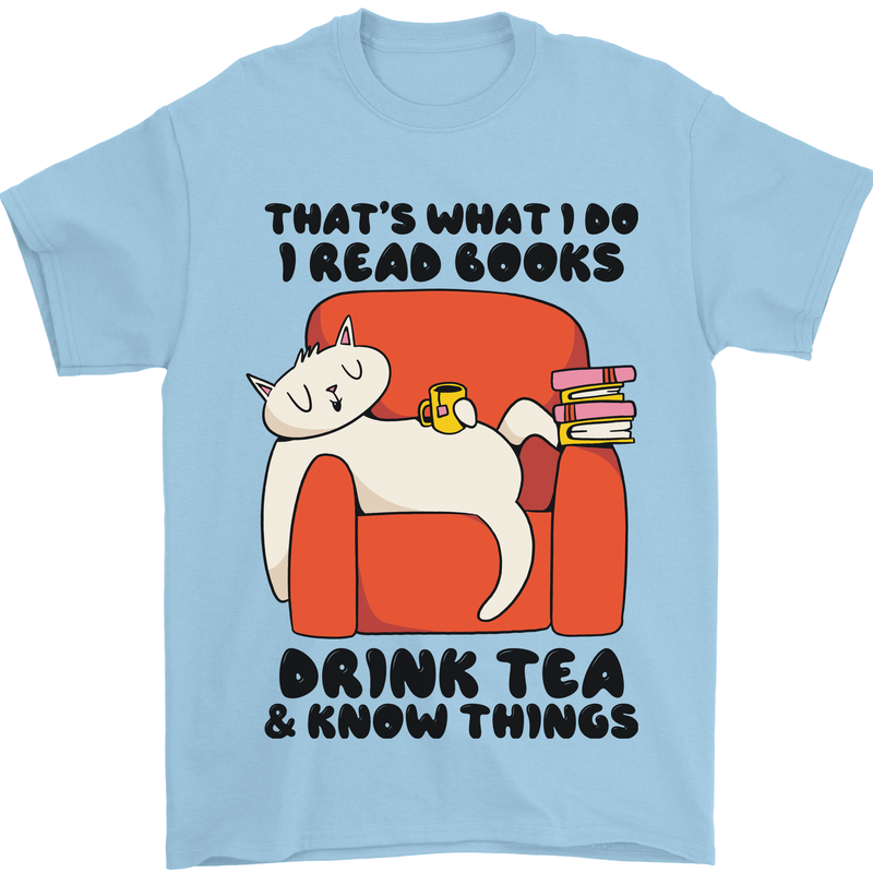 I Drink Tea and Know Things Funny Cat Mens T-Shirt 100% Cotton Light Blue