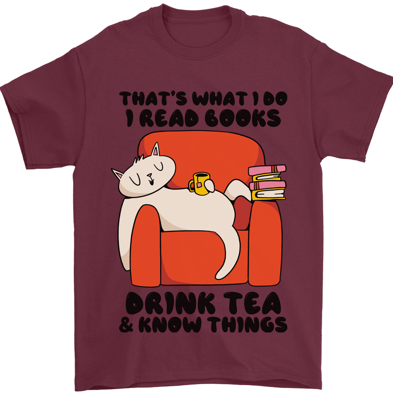 I Drink Tea and Know Things Funny Cat Mens T-Shirt 100% Cotton Maroon