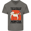I Drink Tea and Know Things Funny Cat Mens V-Neck Cotton T-Shirt Charcoal