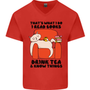 I Drink Tea and Know Things Funny Cat Mens V-Neck Cotton T-Shirt Red