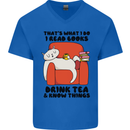 I Drink Tea and Know Things Funny Cat Mens V-Neck Cotton T-Shirt Royal Blue
