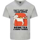 I Drink Tea and Know Things Funny Cat Mens V-Neck Cotton T-Shirt Sports Grey